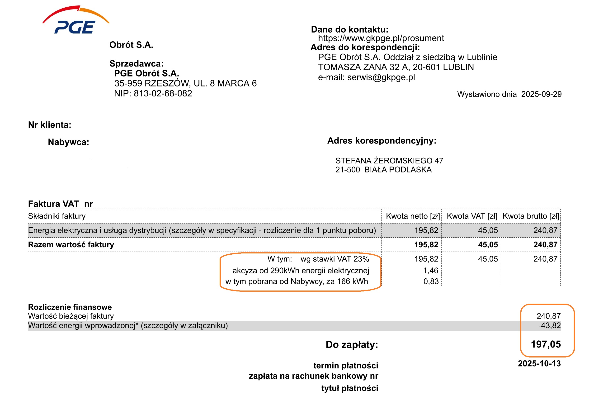 Przykładowa faktura wykazująca oszczędności dla prosumenta zbiorowego